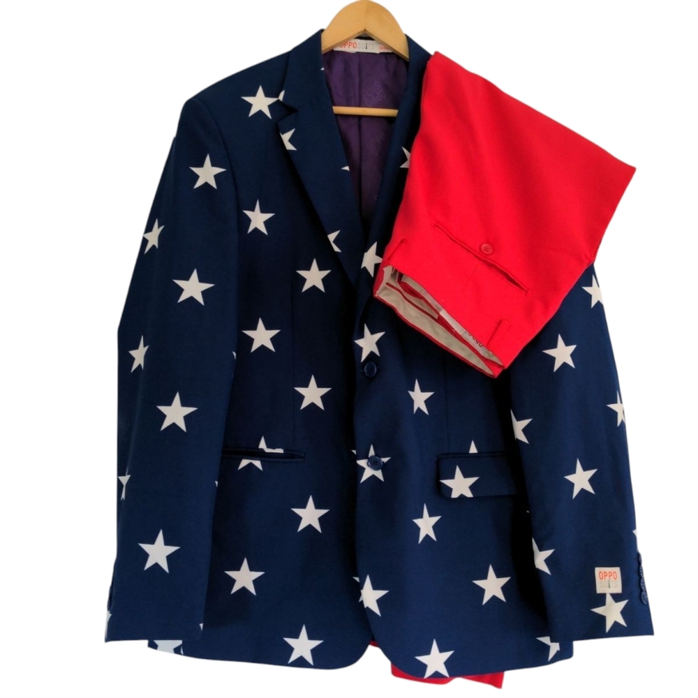 OppoSuits Blazer Pants Mens 44 American Flag Blue White Stars Red Costume USA
